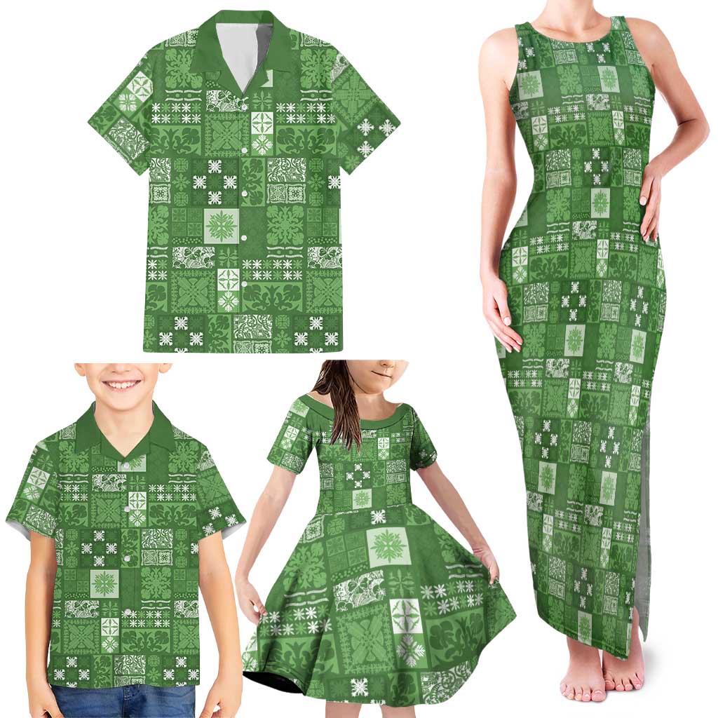 Vintage Hawaiian Quilting Patterns Family Matching Tank Maxi Dress and Hawaiian Shirt Green Style Tribal Fabric Patchwork LT9 - Polynesian Pride