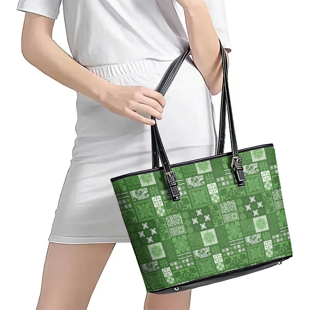 Vintage Hawaiian Quilting Patterns Leather Tote Bag Green Style Tribal Fabric Patchwork - Polynesian Pride