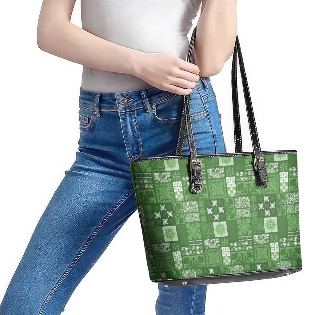Vintage Hawaiian Quilting Patterns Leather Tote Bag Green Style Tribal Fabric Patchwork - Polynesian Pride