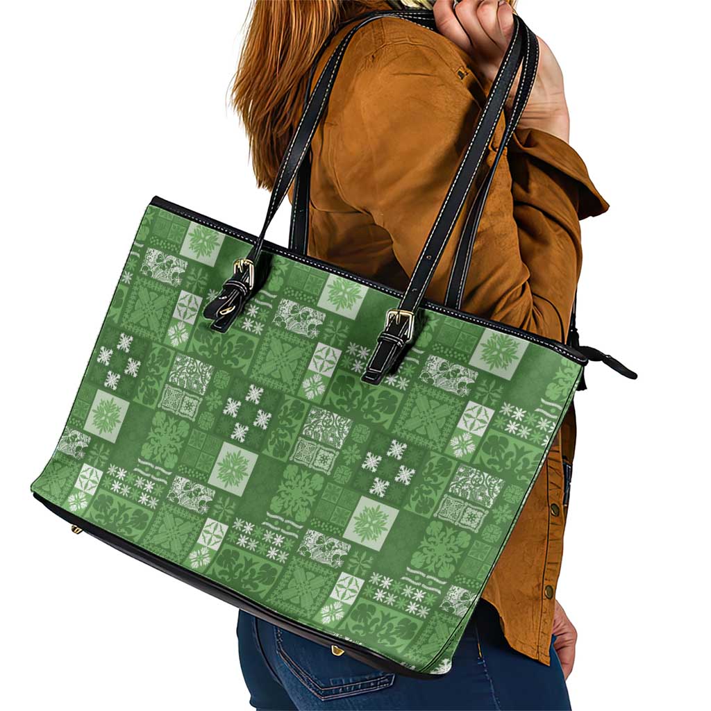 Vintage Hawaiian Quilting Patterns Leather Tote Bag Green Style Tribal Fabric Patchwork - Polynesian Pride