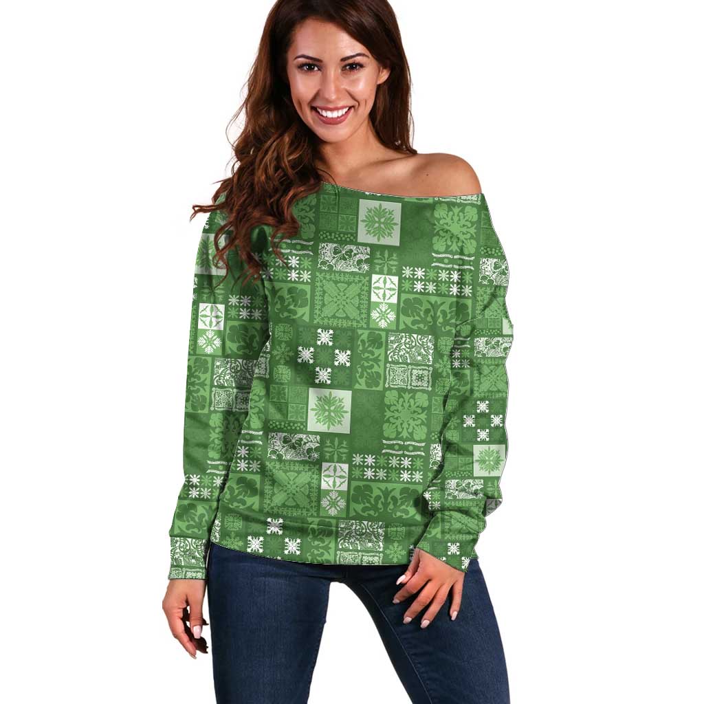 Vintage Hawaiian Quilting Patterns Off Shoulder Sweater Green Style Tribal Fabric Patchwork - Polynesian Pride
