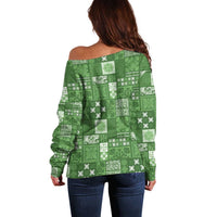 Vintage Hawaiian Quilting Patterns Off Shoulder Sweater Green Style Tribal Fabric Patchwork - Polynesian Pride