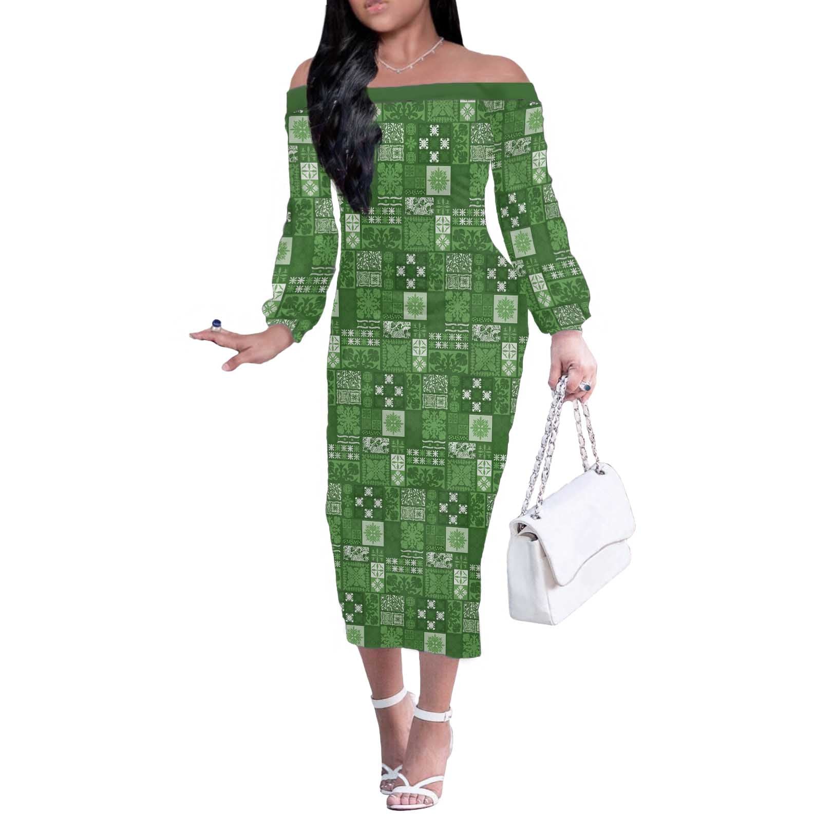 Vintage Hawaiian Quilting Patterns Off The Shoulder Long Sleeve Dress Green Style Tribal Fabric Patchwork - Polynesian Pride