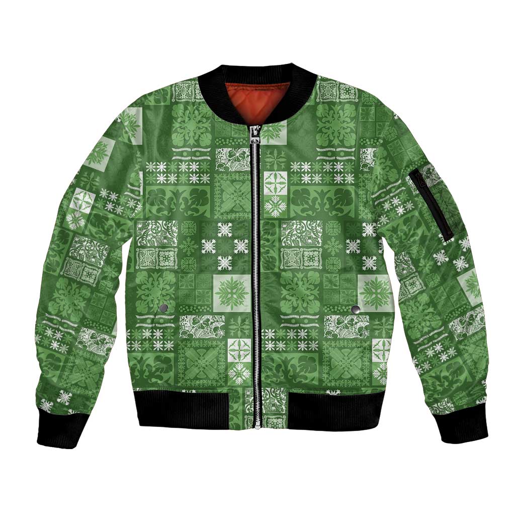 Vintage Hawaiian Quilting Patterns Sleeve Zip Bomber Jacket Green Style Tribal Fabric Patchwork - Polynesian Pride