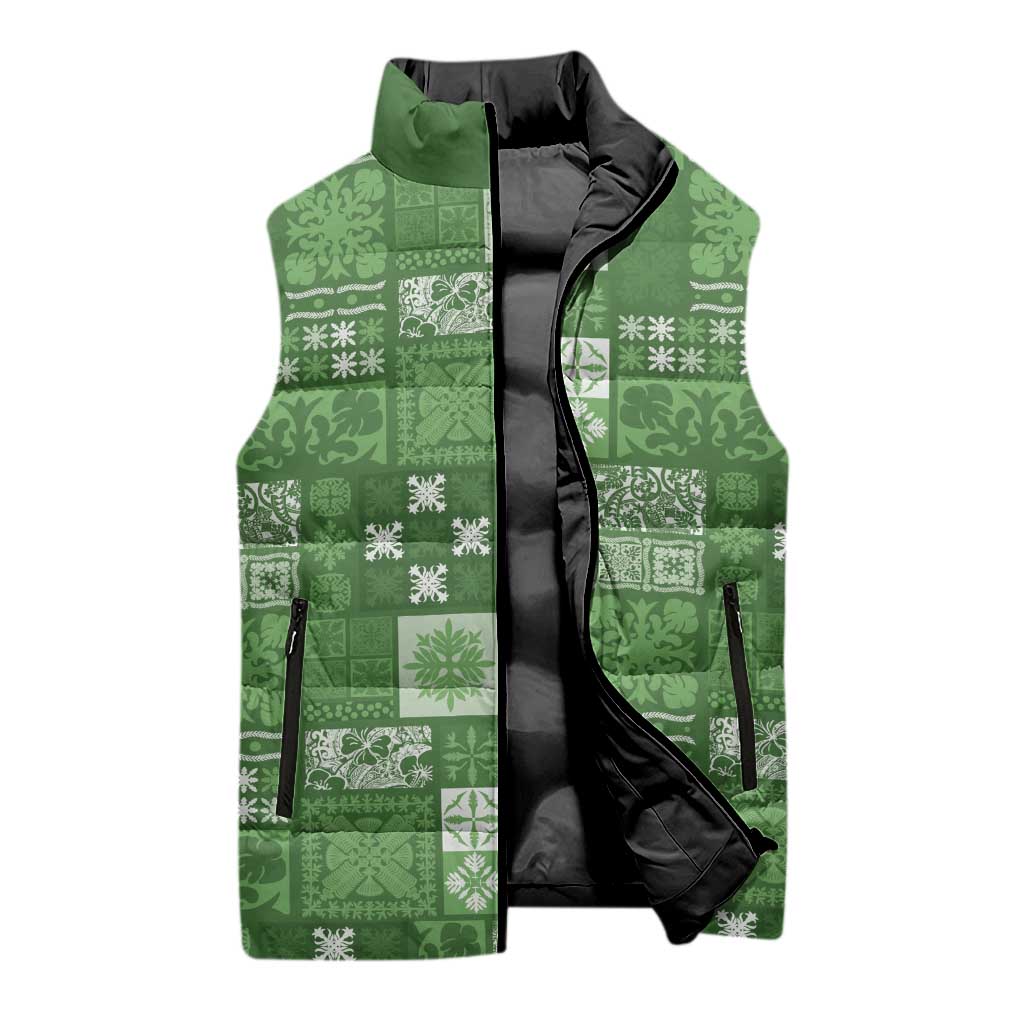 Vintage Hawaiian Quilting Patterns Sleeveless Puffer Jacket Green Style Tribal Fabric Patchwork - Polynesian Pride