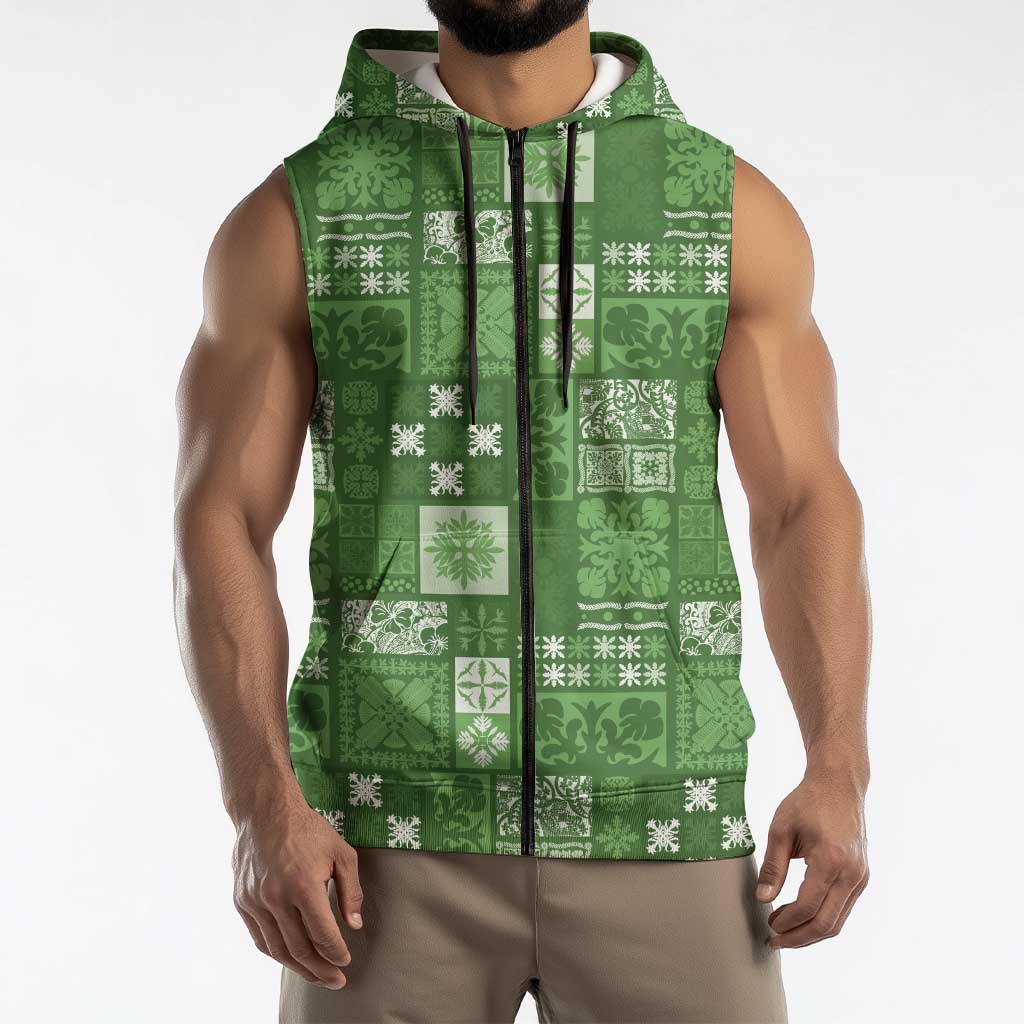 Vintage Hawaiian Quilting Patterns Sleeveless Zip Hoodie Green Style Tribal Fabric Patchwork - Polynesian Pride