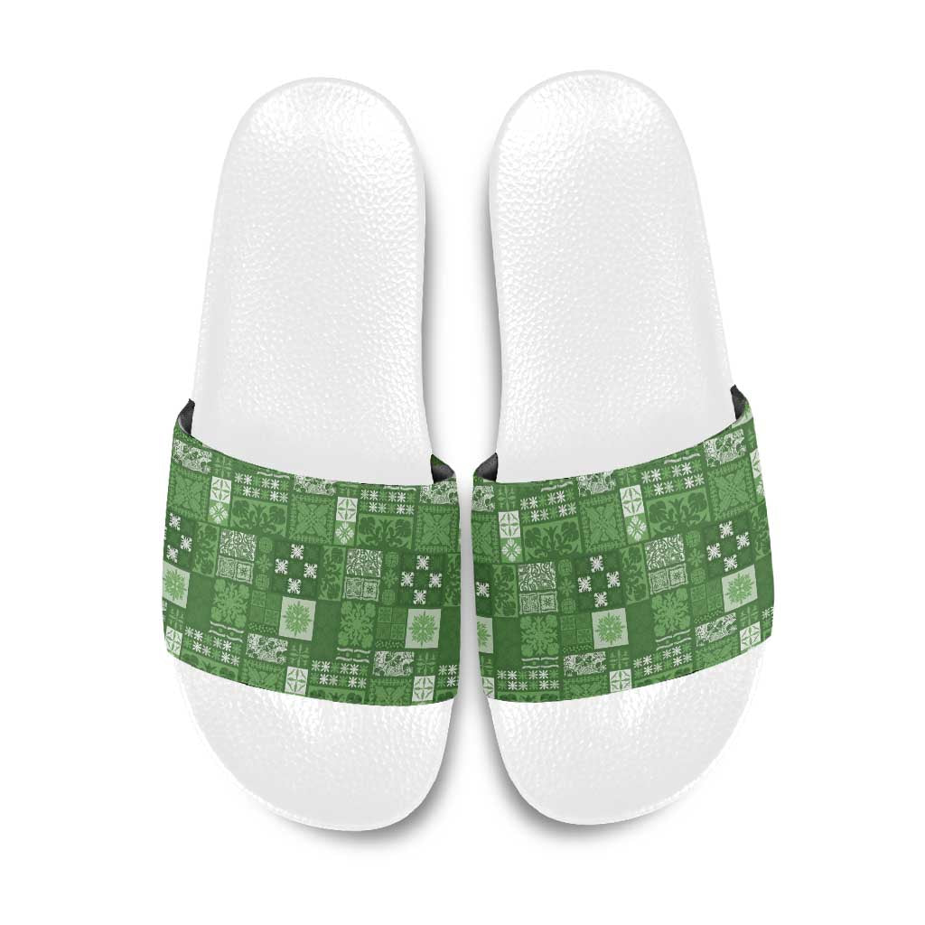 Vintage Hawaiian Quilting Patterns Slide Sandals Green Style Tribal Fabric Patchwork - Polynesian Pride