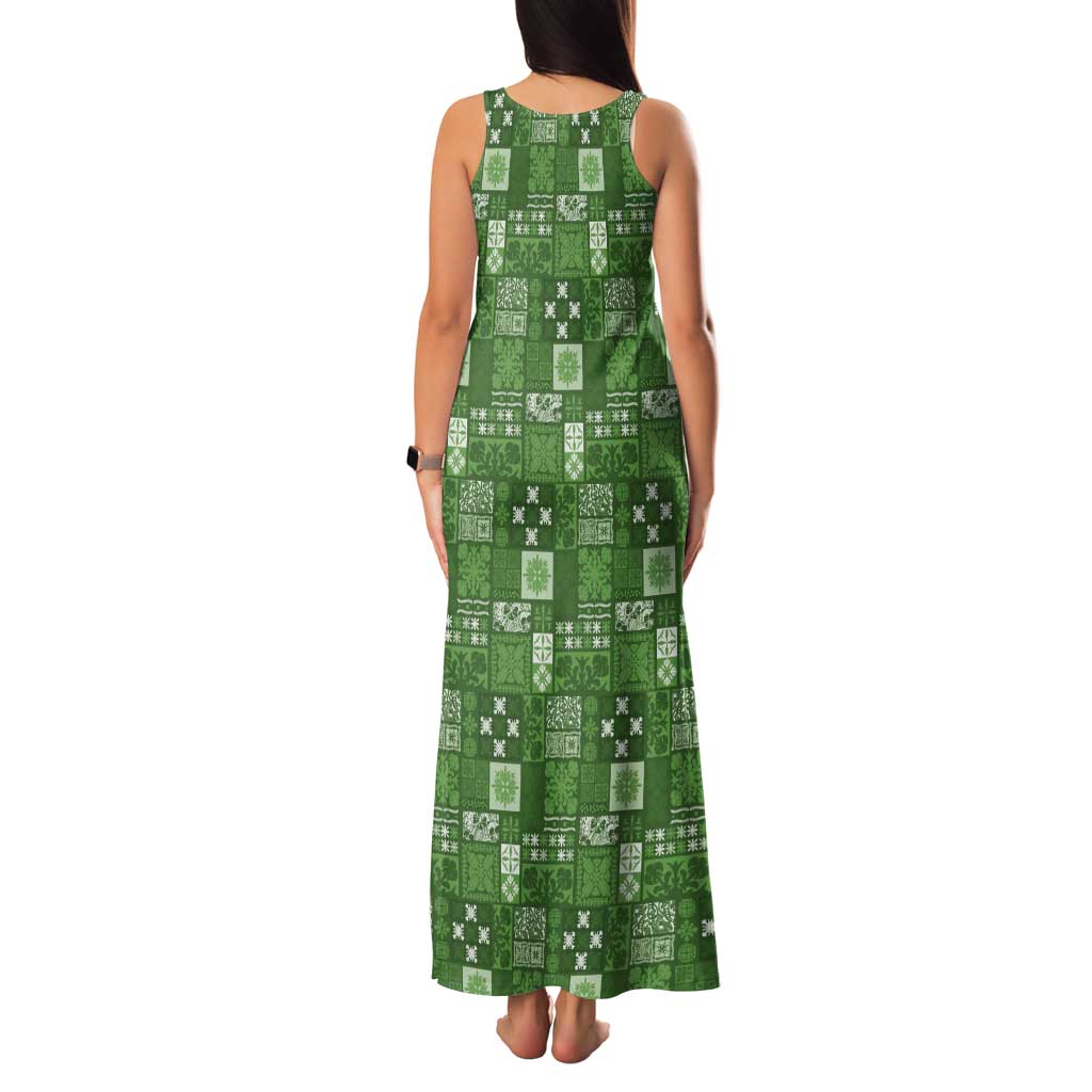 Vintage Hawaiian Quilting Patterns Tank Maxi Dress Green Style Tribal Fabric Patchwork - Polynesian Pride