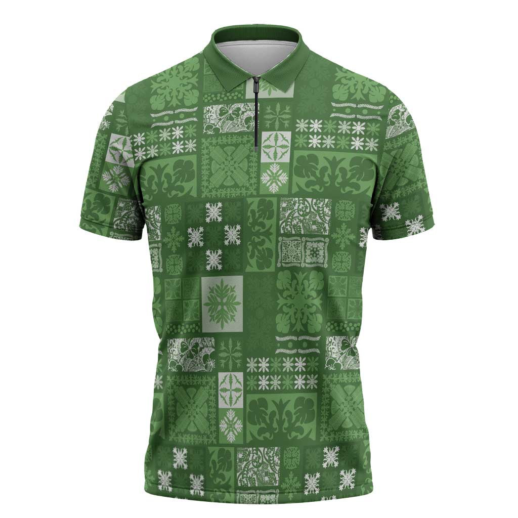 Vintage Hawaiian Quilting Patterns Zipper Polo Shirt Green Style Tribal Fabric Patchwork - Polynesian Pride