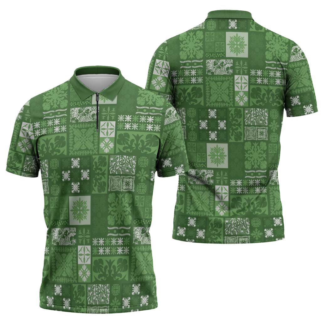 Vintage Hawaiian Quilting Patterns Zipper Polo Shirt Green Style Tribal Fabric Patchwork - Polynesian Pride