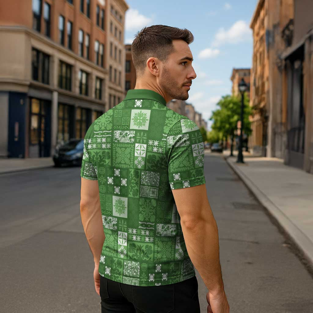 Vintage Hawaiian Quilting Patterns Zipper Polo Shirt Green Style Tribal Fabric Patchwork - Polynesian Pride