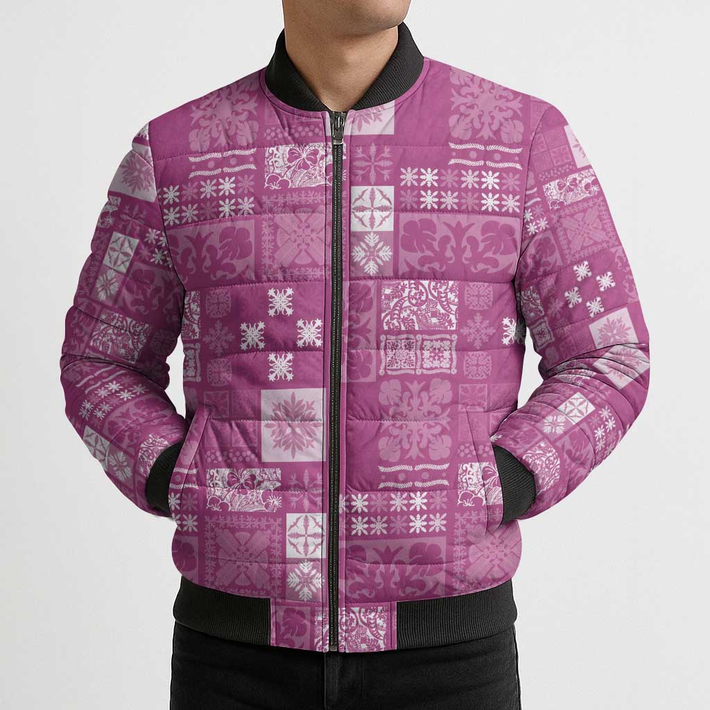 Vintage Hawaiian Quilting Patterns Bomber Puffer Jacket Pink Style Tribal Fabric Patchwork - Polynesian Pride