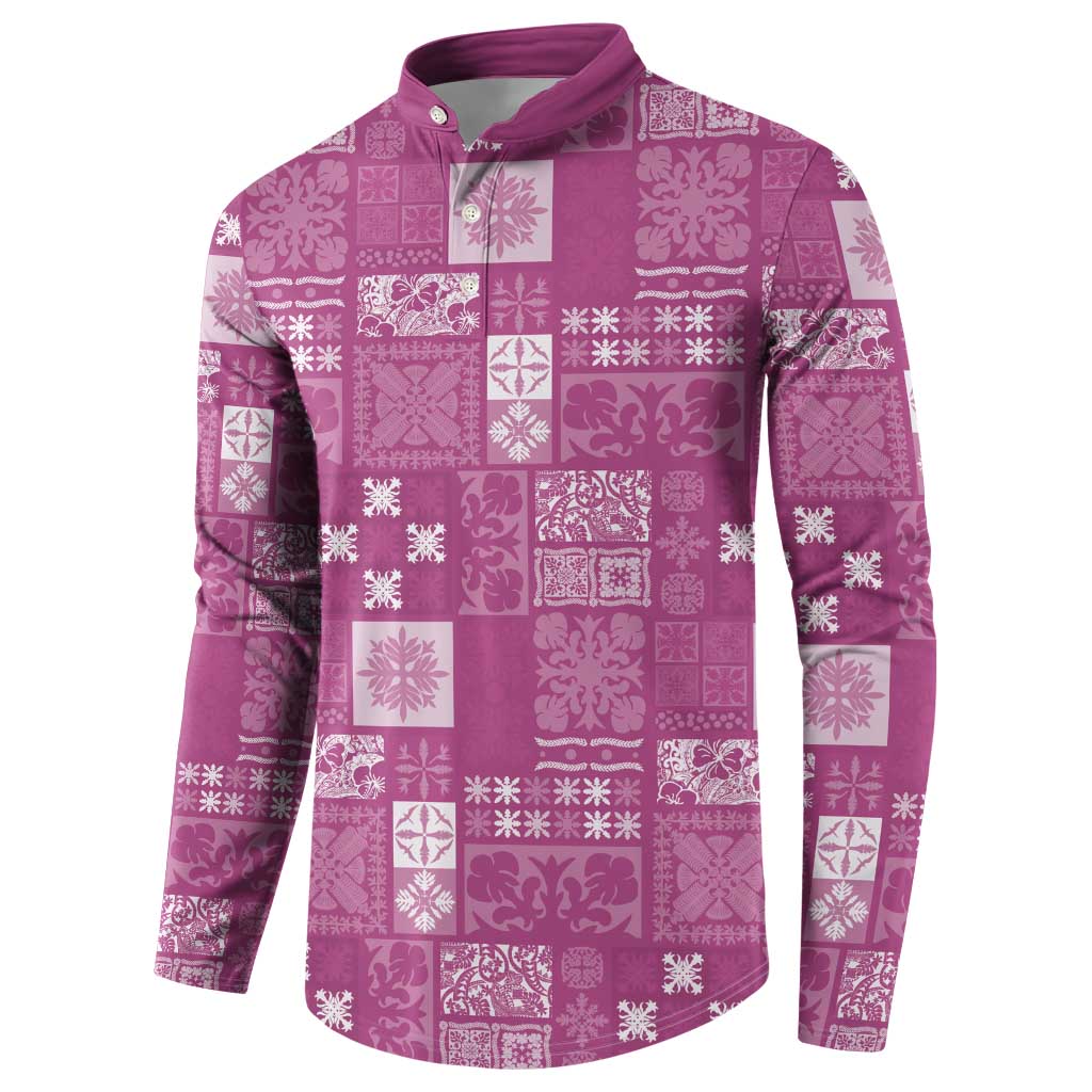 Vintage Hawaiian Quilting Patterns Button Sweatshirt Pink Style Tribal Fabric Patchwork - Polynesian Pride