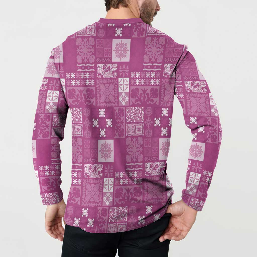Vintage Hawaiian Quilting Patterns Button Sweatshirt Pink Style Tribal Fabric Patchwork - Polynesian Pride