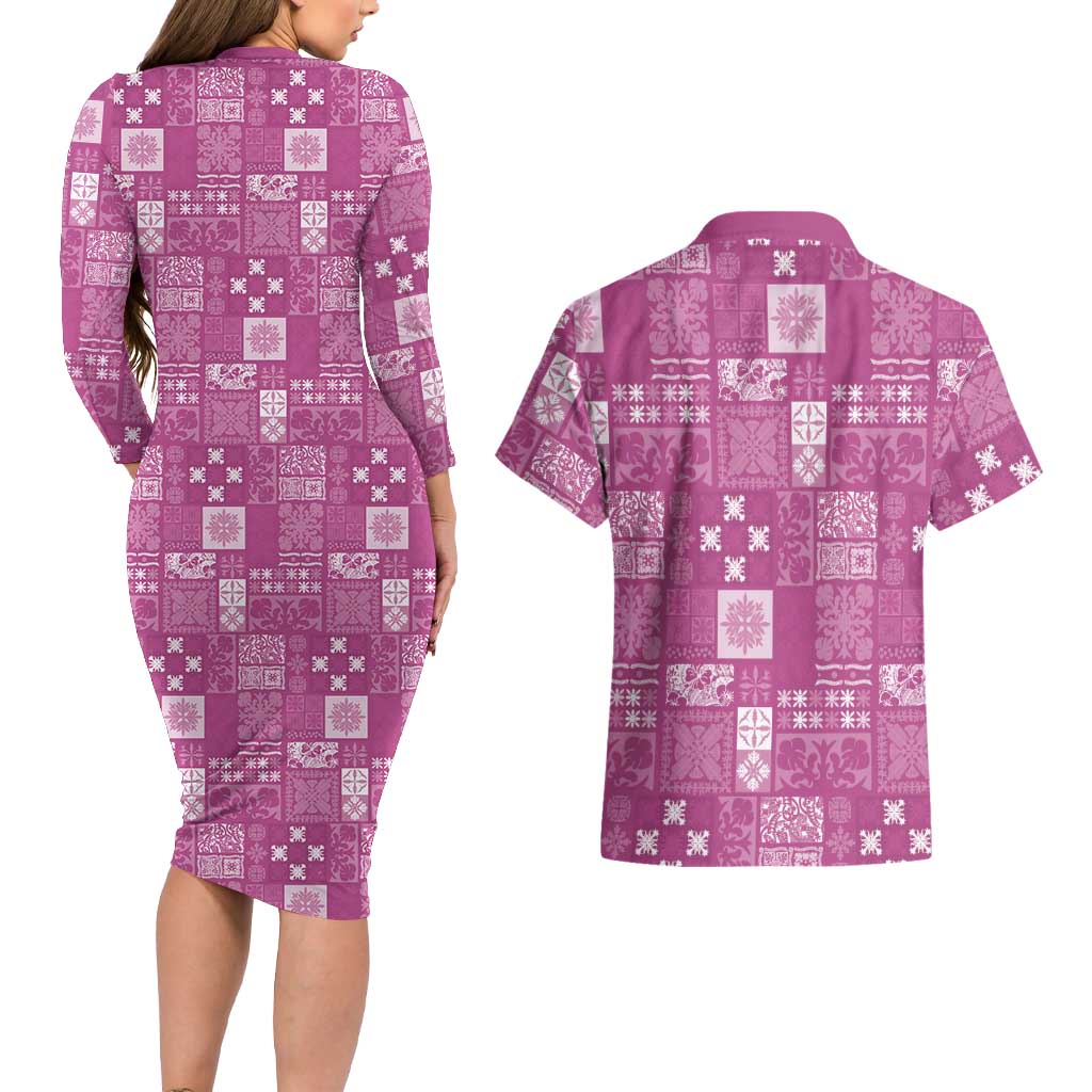 Vintage Hawaiian Quilting Patterns Couples Matching Long Sleeve Bodycon Dress and Hawaiian Shirt Pink Style Tribal Fabric Patchwork LT9 - Polynesian Pride