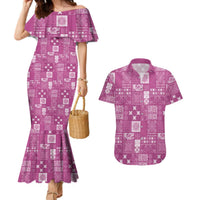 Vintage Hawaiian Quilting Patterns Couples Matching Mermaid Dress and Hawaiian Shirt Pink Style Tribal Fabric Patchwork - Polynesian Pride