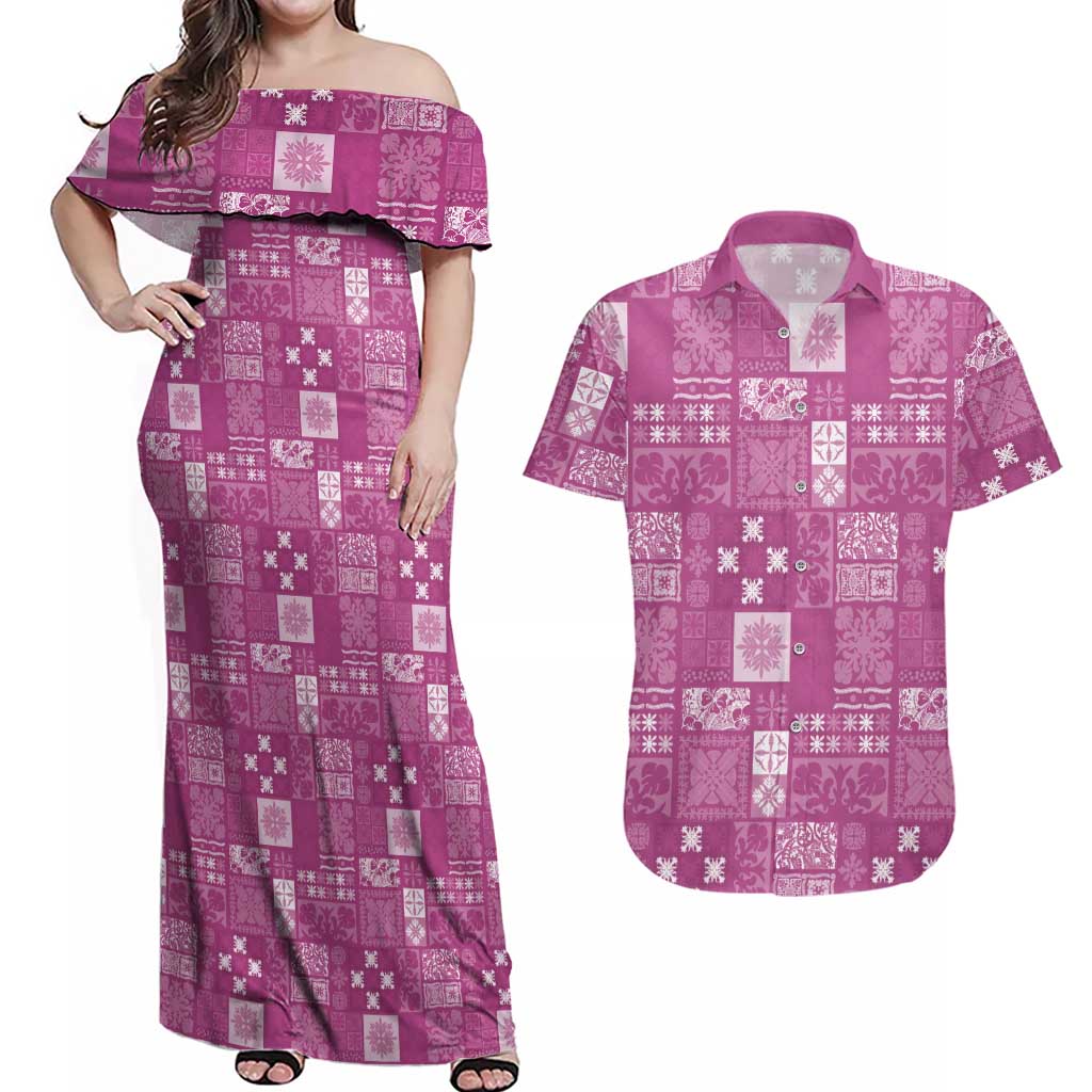 Vintage Hawaiian Quilting Patterns Couples Matching Off Shoulder Maxi Dress and Hawaiian Shirt Pink Style Tribal Fabric Patchwork - Polynesian Pride