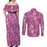 Vintage Hawaiian Quilting Patterns Couples Matching Off Shoulder Maxi Dress and Long Sleeve Button Shirt Pink Style Tribal Fabric Patchwork - Polynesian Pride