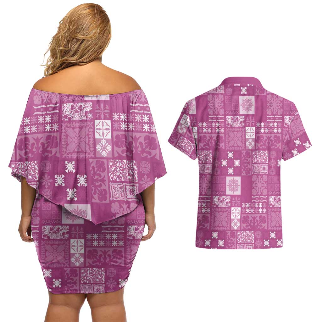 Vintage Hawaiian Quilting Patterns Couples Matching Off Shoulder Short Dress and Hawaiian Shirt Pink Style Tribal Fabric Patchwork - Polynesian Pride