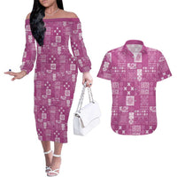 Vintage Hawaiian Quilting Patterns Couples Matching Off The Shoulder Long Sleeve Dress and Hawaiian Shirt Pink Style Tribal Fabric Patchwork LT9 Pink - Polynesian Pride