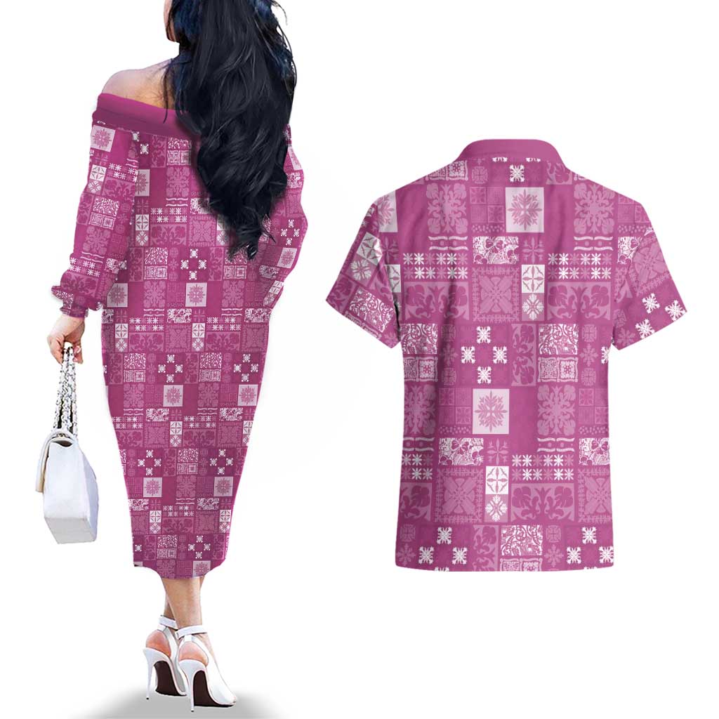 Vintage Hawaiian Quilting Patterns Couples Matching Off The Shoulder Long Sleeve Dress and Hawaiian Shirt Pink Style Tribal Fabric Patchwork LT9 - Polynesian Pride