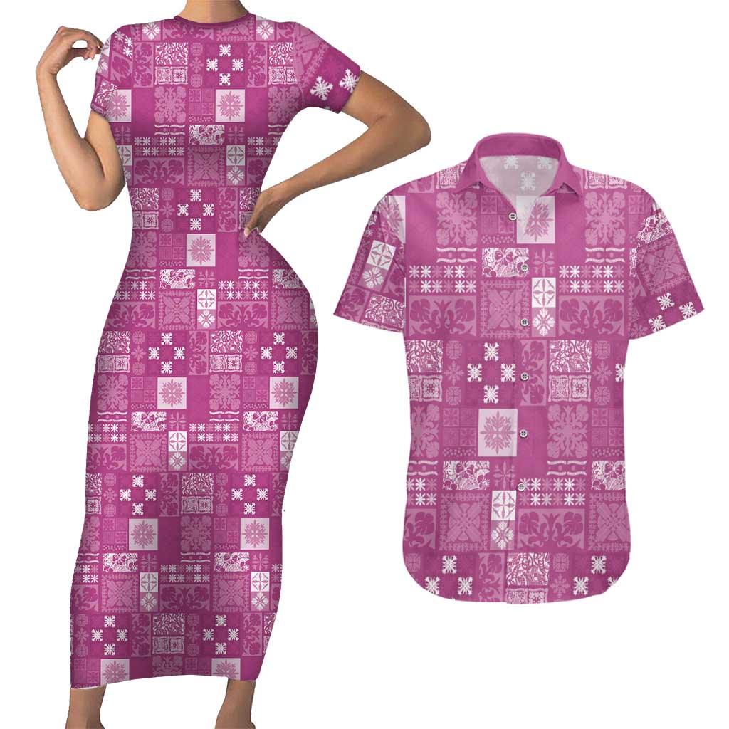 Vintage Hawaiian Quilting Patterns Couples Matching Short Sleeve Bodycon Dress and Hawaiian Shirt Pink Style Tribal Fabric Patchwork LT9 Pink - Polynesian Pride