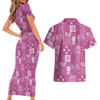 Vintage Hawaiian Quilting Patterns Couples Matching Short Sleeve Bodycon Dress and Hawaiian Shirt Pink Style Tribal Fabric Patchwork LT9 - Polynesian Pride