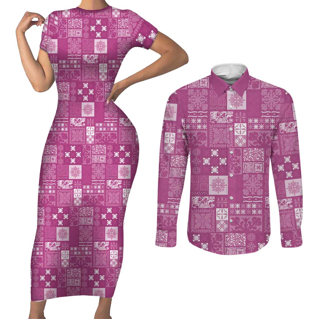 Vintage Hawaiian Quilting Patterns Couples Matching Short Sleeve Bodycon Dress and Long Sleeve Button Shirt Pink Style Tribal Fabric Patchwork - Polynesian Pride