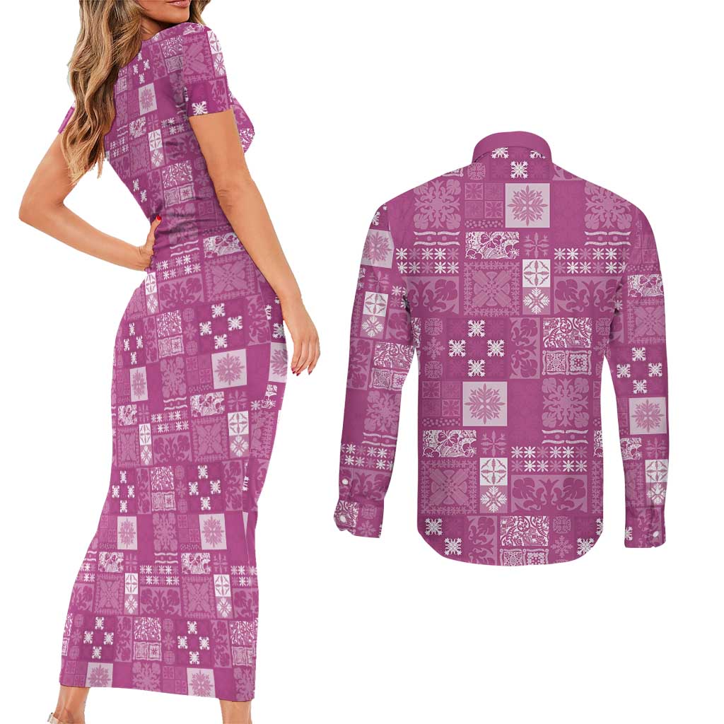 Vintage Hawaiian Quilting Patterns Couples Matching Short Sleeve Bodycon Dress and Long Sleeve Button Shirt Pink Style Tribal Fabric Patchwork - Polynesian Pride