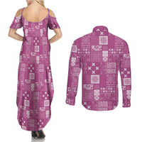 Vintage Hawaiian Quilting Patterns Couples Matching Summer Maxi Dress and Long Sleeve Button Shirt Pink Style Tribal Fabric Patchwork - Polynesian Pride