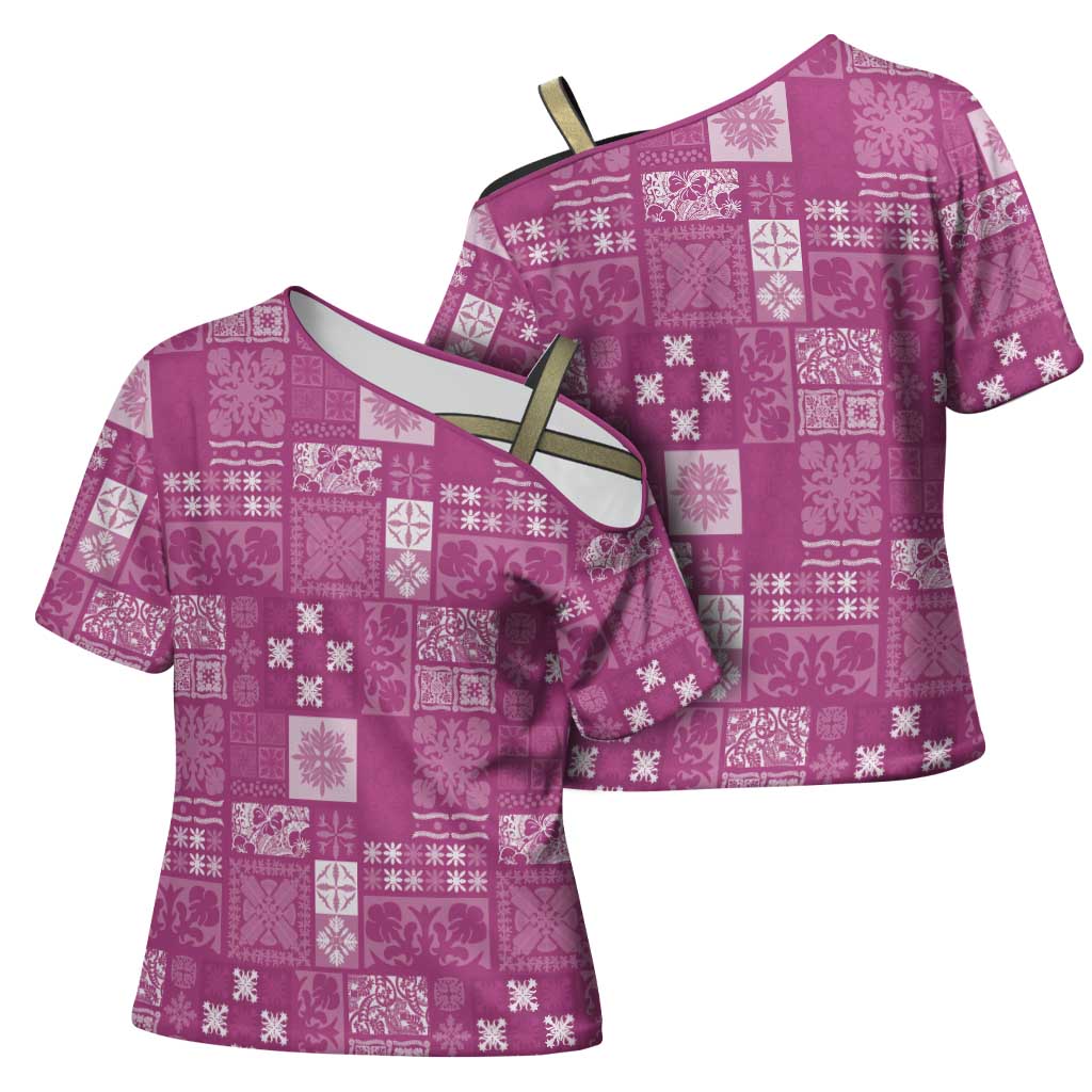 Vintage Hawaiian Quilting Patterns Cross Shoulder Shirt Pink Style Tribal Fabric Patchwork - Polynesian Pride