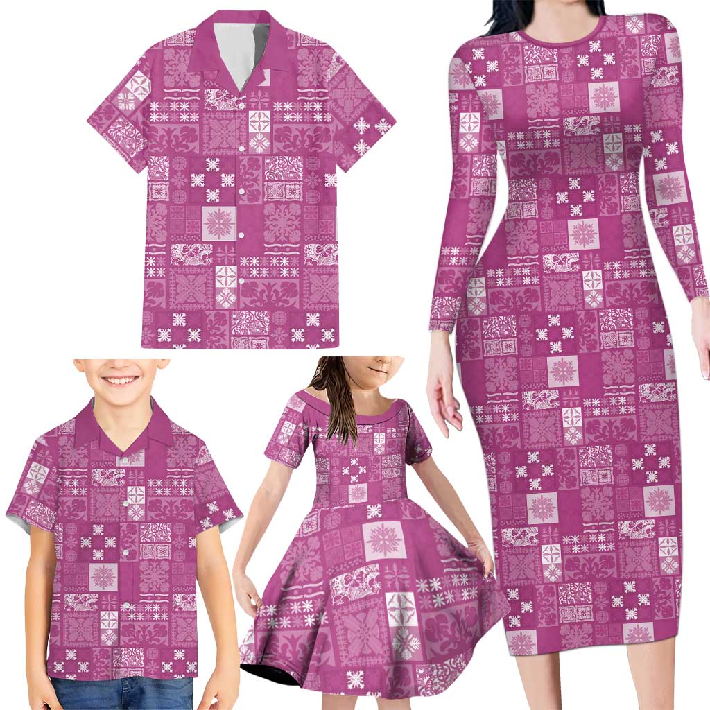Vintage Hawaiian Quilting Patterns Family Matching Long Sleeve Bodycon Dress and Hawaiian Shirt Pink Style Tribal Fabric Patchwork LT9 - Polynesian Pride