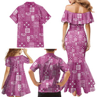 Vintage Hawaiian Quilting Patterns Family Matching Mermaid Dress and Hawaiian Shirt Pink Style Tribal Fabric Patchwork LT9 - Polynesian Pride