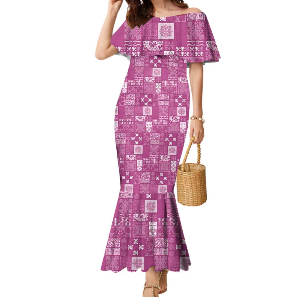 Vintage Hawaiian Quilting Patterns Family Matching Mermaid Dress and Hawaiian Shirt Pink Style Tribal Fabric Patchwork LT9 Mom's Dress Pink - Polynesian Pride