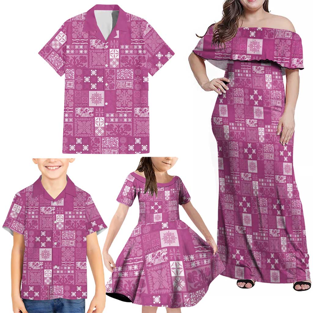 Vintage Hawaiian Quilting Patterns Family Matching Off Shoulder Maxi Dress and Hawaiian Shirt Pink Style Tribal Fabric Patchwork - Polynesian Pride