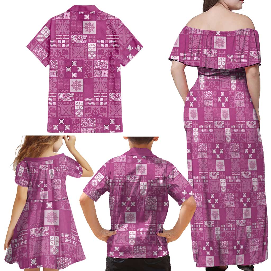 Vintage Hawaiian Quilting Patterns Family Matching Off Shoulder Maxi Dress and Hawaiian Shirt Pink Style Tribal Fabric Patchwork LT9 - Polynesian Pride
