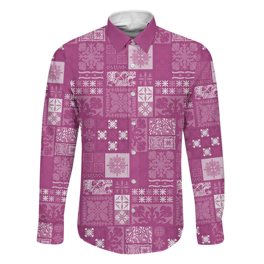 Vintage Hawaiian Quilting Patterns Family Matching Off Shoulder Maxi Dress and Hawaiian Shirt Pink Style Tribal Fabric Patchwork LT9 Dad's Shirt - Long Sleeve Pink - Polynesian Pride