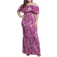 Vintage Hawaiian Quilting Patterns Family Matching Off Shoulder Maxi Dress and Hawaiian Shirt Pink Style Tribal Fabric Patchwork LT9 Mom's Dress Pink - Polynesian Pride