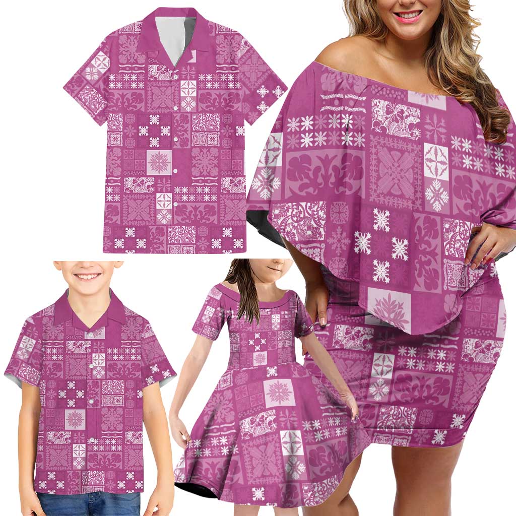Vintage Hawaiian Quilting Patterns Family Matching Off Shoulder Short Dress and Hawaiian Shirt Pink Style Tribal Fabric Patchwork LT9 - Polynesian Pride
