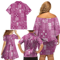 Vintage Hawaiian Quilting Patterns Family Matching Off Shoulder Short Dress and Hawaiian Shirt Pink Style Tribal Fabric Patchwork LT9 - Polynesian Pride
