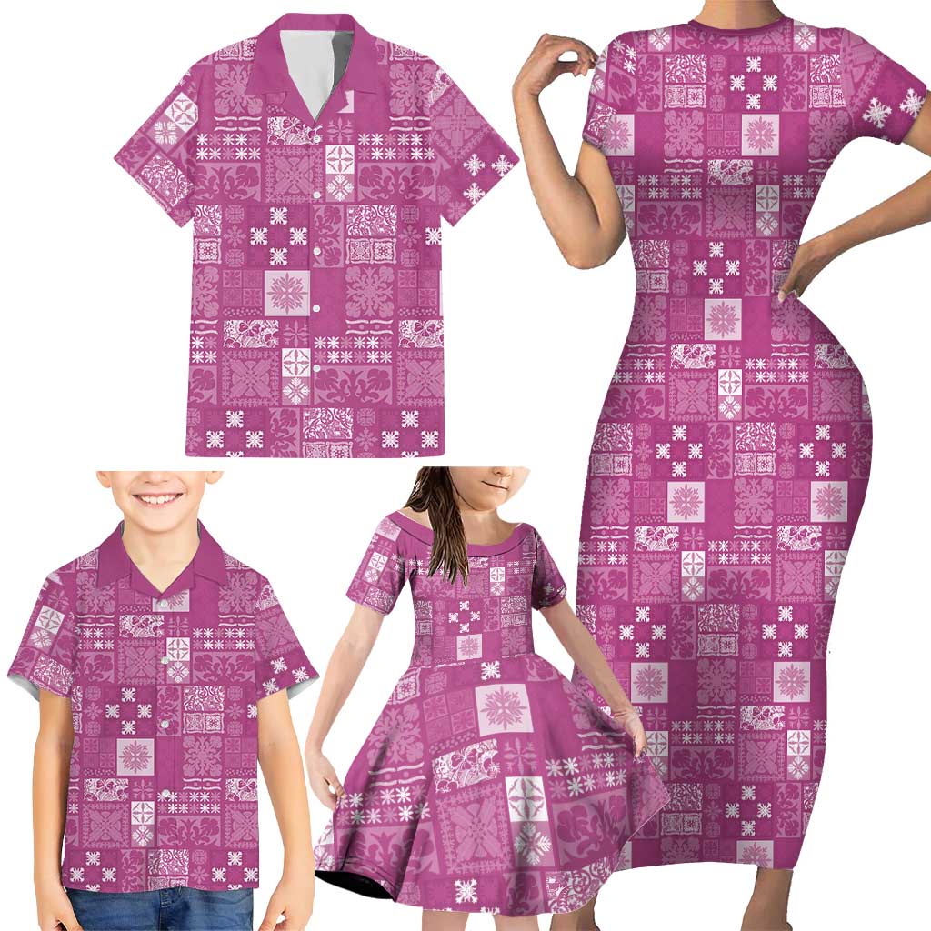 Vintage Hawaiian Quilting Patterns Family Matching Short Sleeve Bodycon Dress and Hawaiian Shirt Pink Style Tribal Fabric Patchwork LT9 - Polynesian Pride