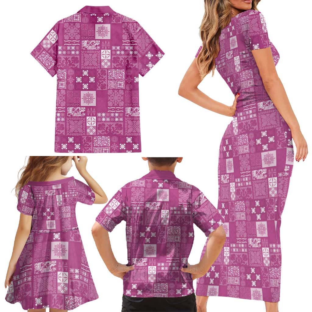Vintage Hawaiian Quilting Patterns Family Matching Short Sleeve Bodycon Dress and Hawaiian Shirt Pink Style Tribal Fabric Patchwork LT9 - Polynesian Pride