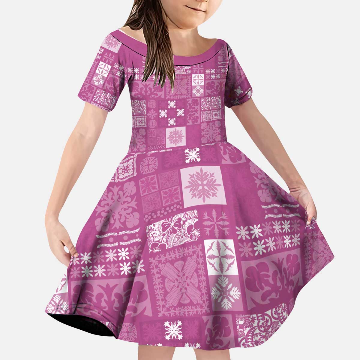 Vintage Hawaiian Quilting Patterns Kid Short Sleeve Dress Pink Style Tribal Fabric Patchwork - Polynesian Pride