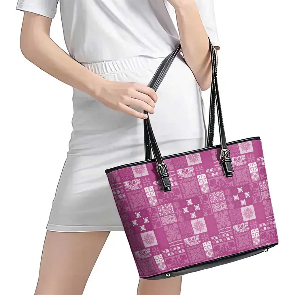 Vintage Hawaiian Quilting Patterns Leather Tote Bag Pink Style Tribal Fabric Patchwork - Polynesian Pride