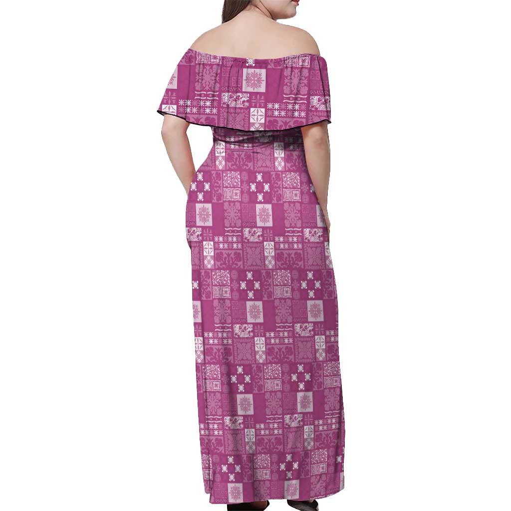 Vintage Hawaiian Quilting Patterns Off Shoulder Maxi Dress Pink Style Tribal Fabric Patchwork - Polynesian Pride