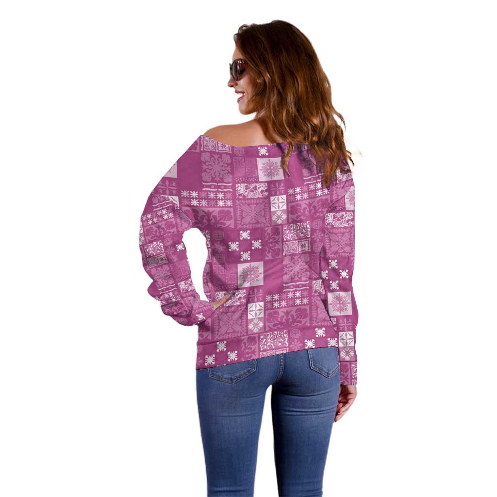 Vintage Hawaiian Quilting Patterns Off Shoulder Sweater Pink Style Tribal Fabric Patchwork - Polynesian Pride