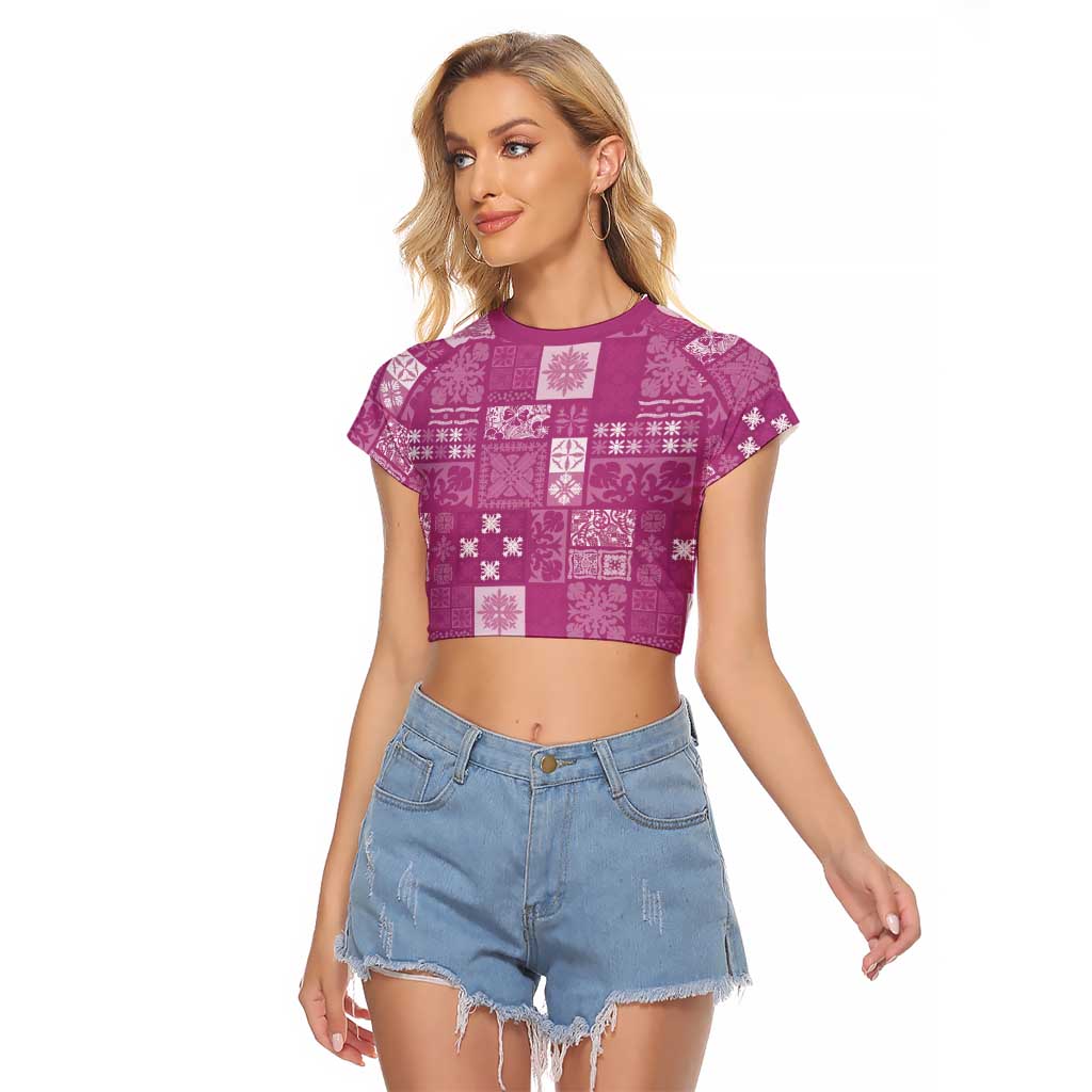 Vintage Hawaiian Quilting Patterns Raglan Cropped T Shirt Pink Style Tribal Fabric Patchwork - Polynesian Pride