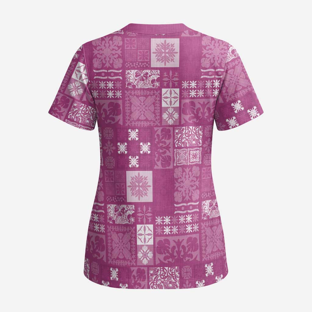 Vintage Hawaiian Quilting Patterns Scrub Top Pink Style Tribal Fabric Patchwork - Polynesian Pride