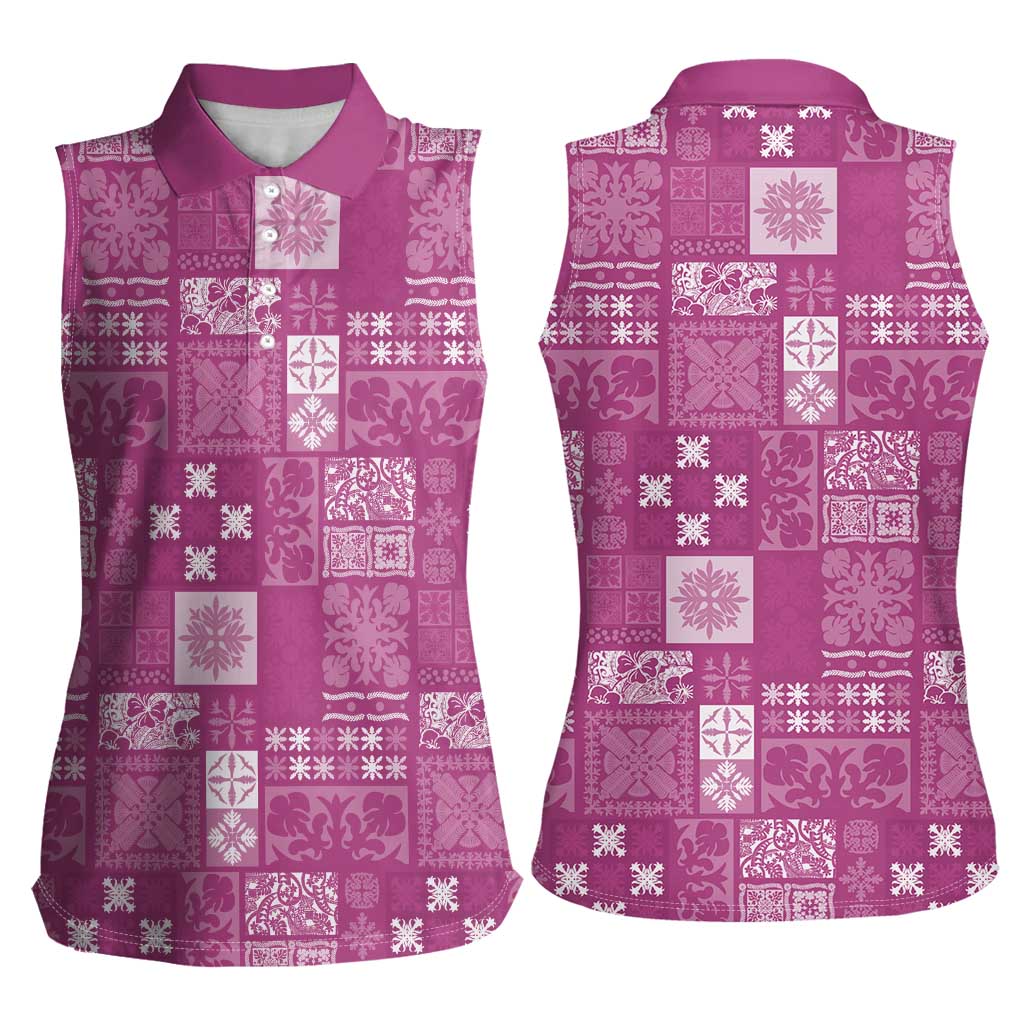 Vintage Hawaiian Quilting Patterns Women Sleeveless Polo Shirt Pink Style Tribal Fabric Patchwork LT9 - Polynesian Pride