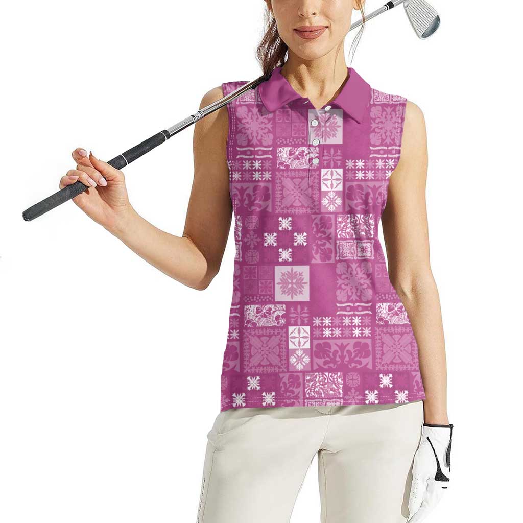 Vintage Hawaiian Quilting Patterns Women Sleeveless Polo Shirt Pink Style Tribal Fabric Patchwork LT9 - Polynesian Pride
